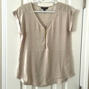 Express womens small cream silver satin short sleeve gold half zip top